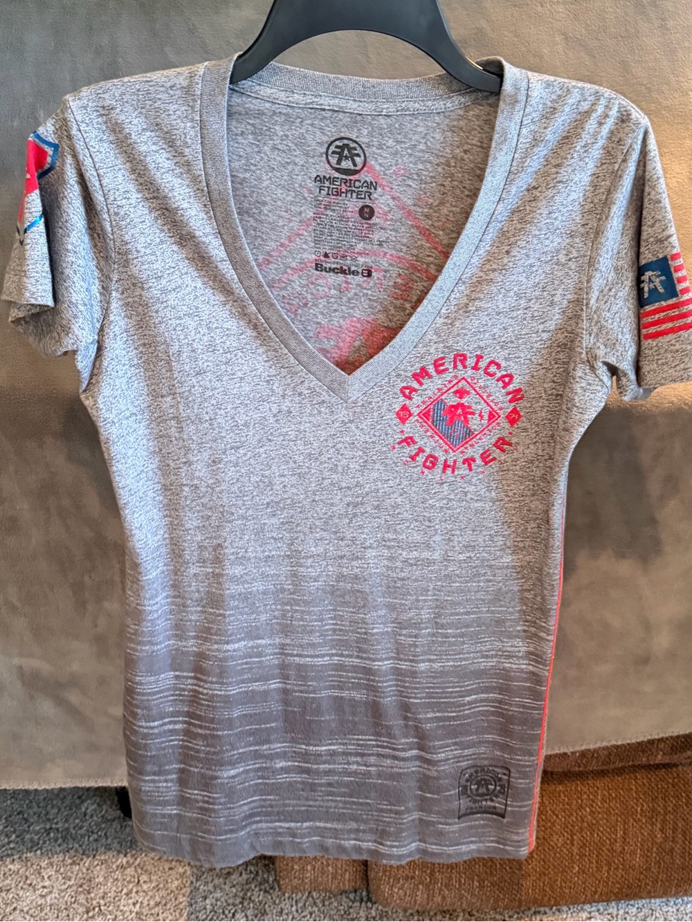 American Fighter Heather Gray V-Neck Tee with Pink Logo